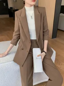 New Women's Fashion Elegant Commuter Plain Color Professional Double-Breasted Long Sleeve Blazer Jacket Set, Slim-Fitting Long Pants Suit