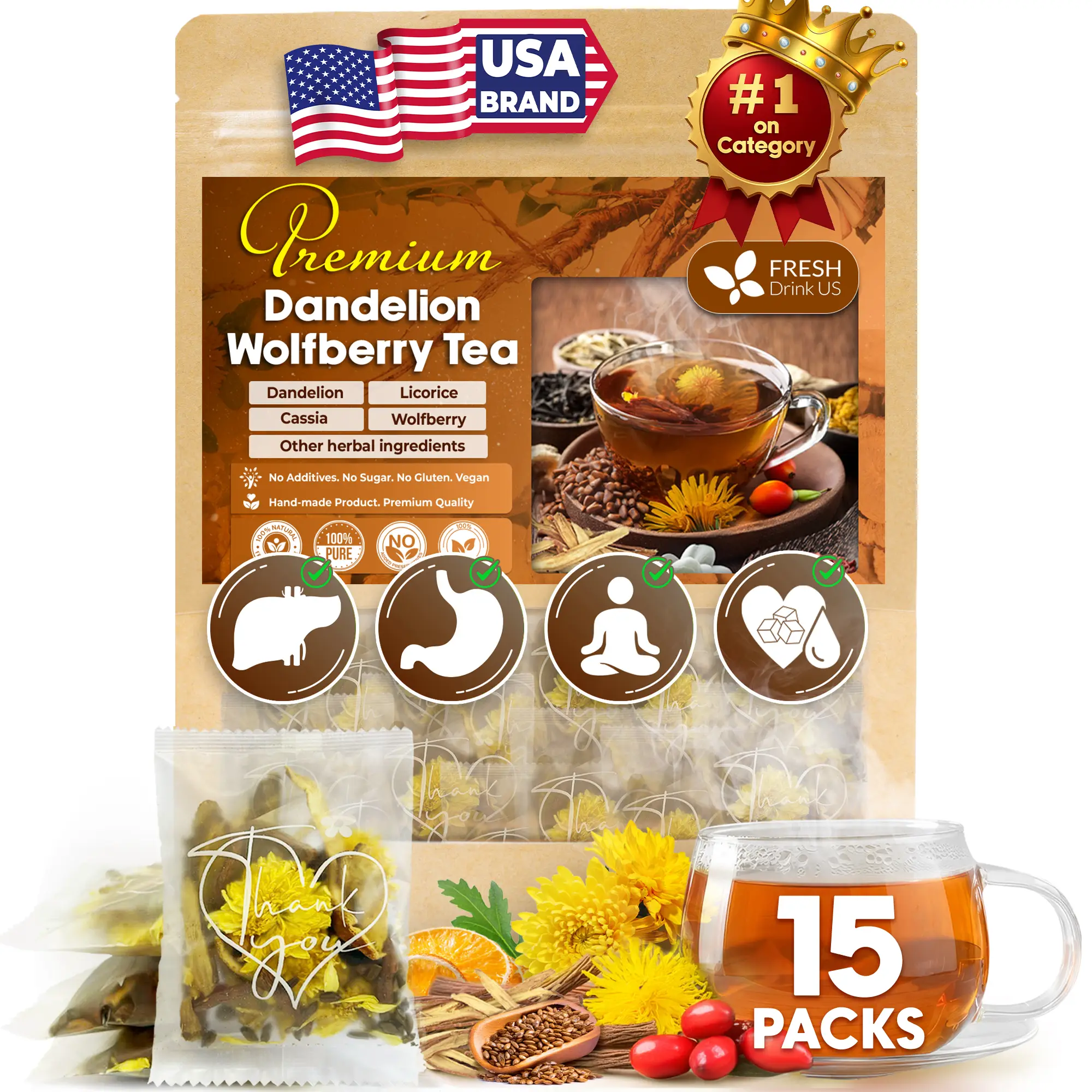 Dandelion Wolfberry Tea - a Natural Blend of Six Herbal Ingredients, Dandelion, Licorice, Cassia, Wolfberry Supports Kidneys & Liver Health (PCOS, Pre