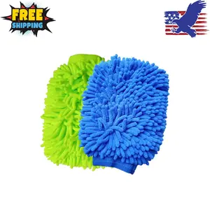 2 Pack Car Wash Mitt Microfiber Chenille Car Wash Mitt Scratch Free (Green/Blue)