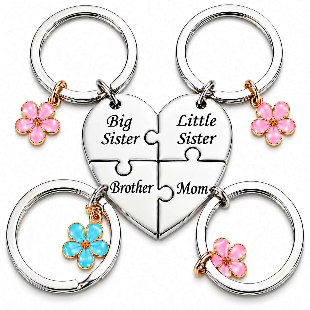 4-Piece Family Heart Puzzle Keychain Set, Stainless Steel Matching Keychains for Mom, Brother, Big Sister & Little Sister, Mother’s Day Birthday Gift