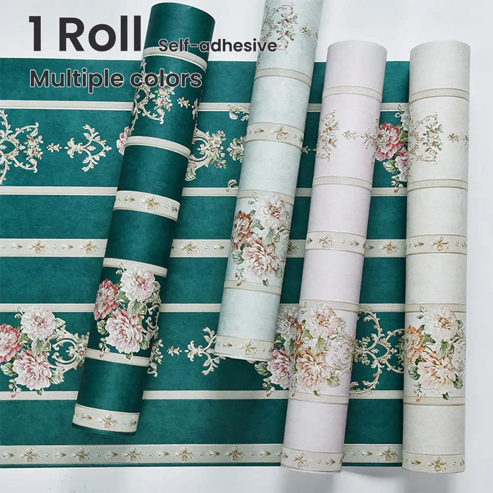 European Style Vertical Striped Floral Self-Adhesive Wallpaper, 3D Flower Wall Paper for Living Room Decor, Furniture Renovation, DIY Home Decoration