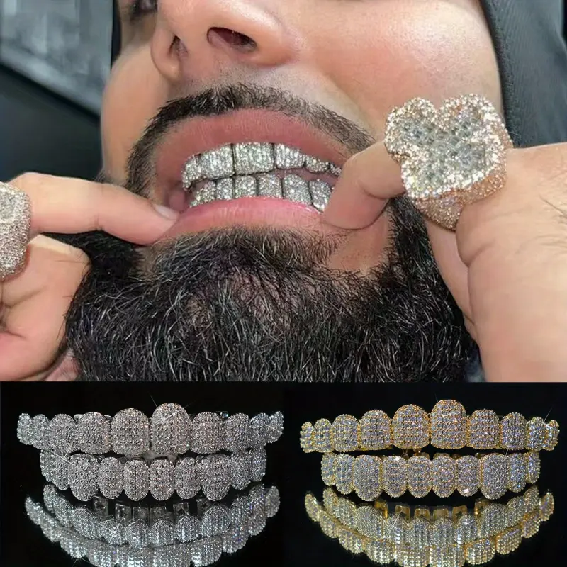 2pcs/ Set Hip Hop Cubic Zirconia Teeth Grills Punk Tooth Caps Cosplay Rapper Jewelry Glittering Hip Hop Cubic Zirconia Teeth Grills - 20pcs Top & Bottom Set for Rappers and Cosplayers - Premium Punk Tooth Caps, Instantly Transform Your Smil Oral