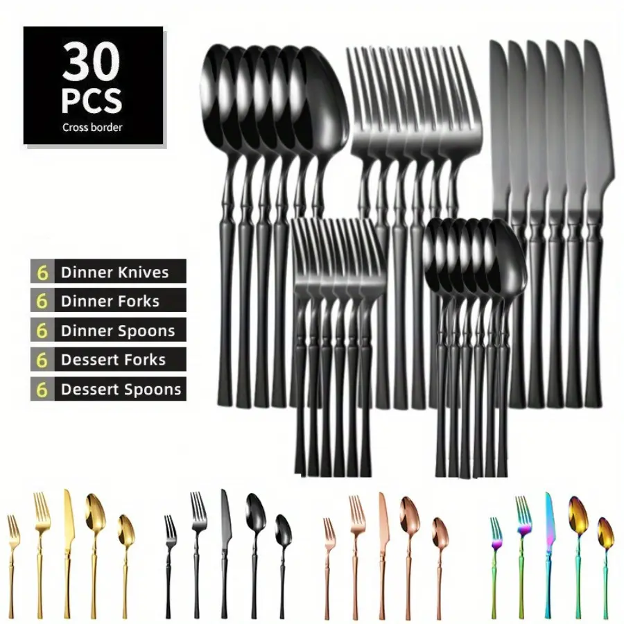 30pcs/set, Stainless Steel Kitchen Cutlery Set, Utensils - Includes Coffee Spoon, Salad Fork, Steak Dinner Knife, Milk Spoon, Washable Dessert Spoon - Perfect for Restaurants, Homes, Parties, and Weddings