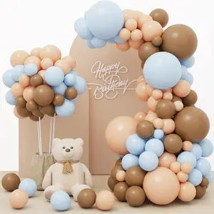 156pcs Dusty Blue and Brown Balloon Garland Arch Kit, Bear Shower Decoration with Boho Brown Skin Color Blue Balloons for Gender Reveal and Birthday Party Decoration