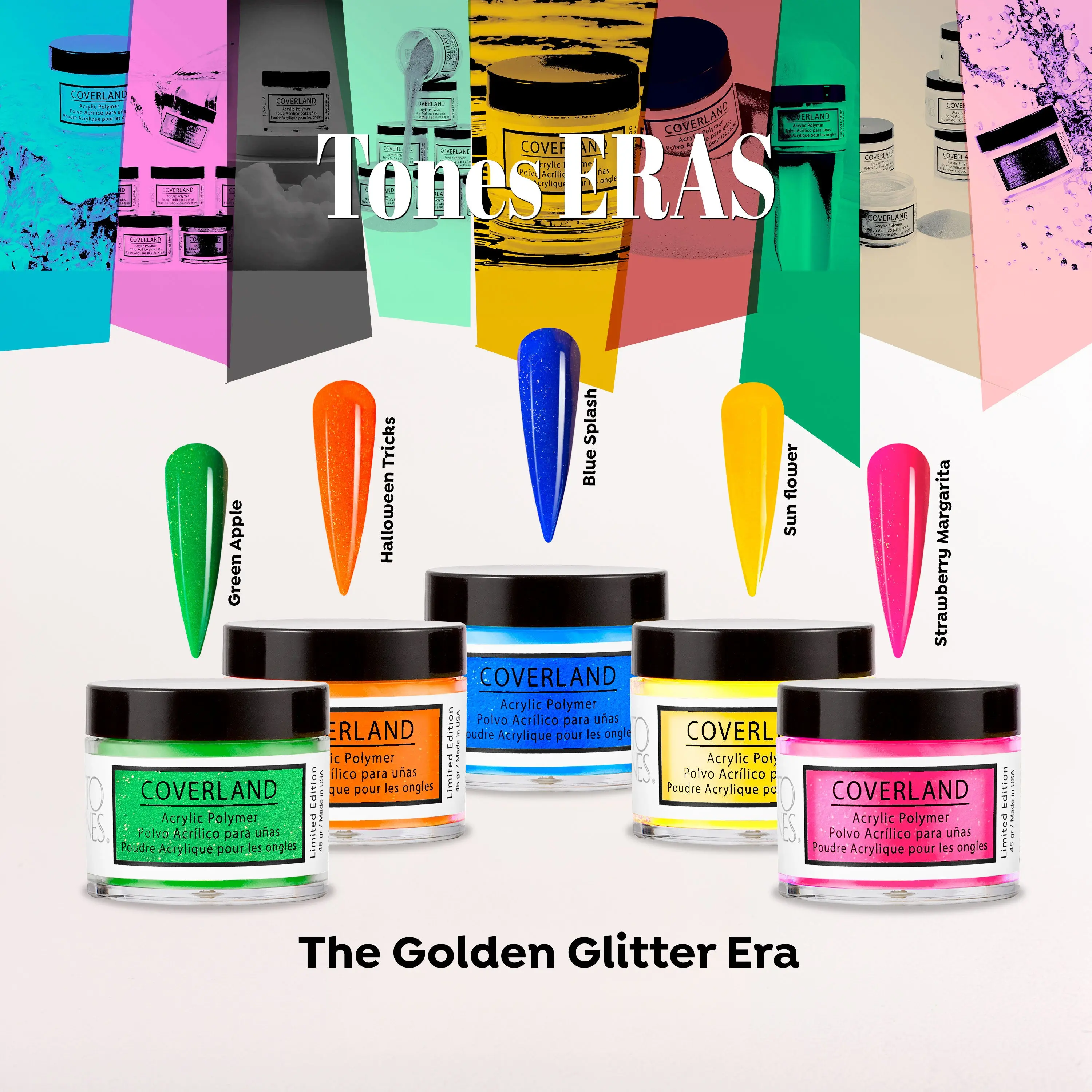 Coverland The Golden Glitter Era Acrylic Powder Collection 5 x 1.5 oz Shimmer Nail Art with Signature Glitter Infused Shades for Exceptional Coverage & Long Lasting Wear