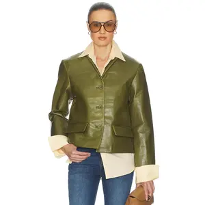 Helsa Puffy Leather Jacket in Avocado