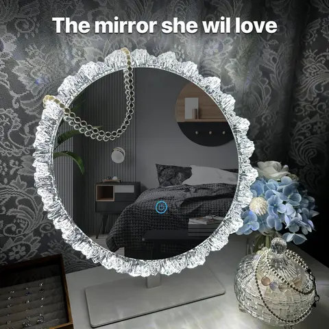 GALENTAL Crystal Vintage LED Round Vanity Mirror - Lace Accent, 1x HD True Color Sharp Reflection, Dimmable Touch Screen Control, 3 CCT Brightness, Over Sink Bathroom/Desktop Use, Gifts for Women, Aesthetic Home Decor, Mood Lighting