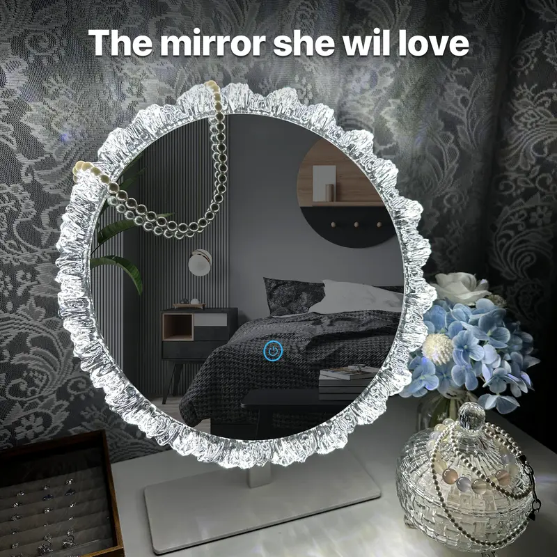 GALENTAL Crystal Vintage LED Round Vanity Mirror - Lace Accent, 1x HD True Color Sharp Reflection, Dimmable Touch Screen Control, 3 CCT Brightness, Over Sink Bathroom/Desktop Use, Gifts for Women, Aesthetic Home Decor, Mood Lighting