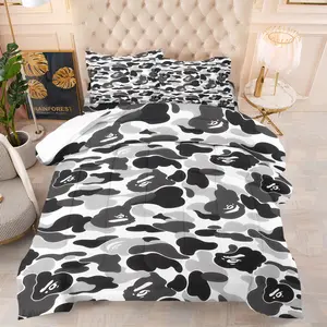 APBE Black White Ape Head Camo Comforter Set, 1 Comforter & 1-2 Coreless Pillowcases, ABC Camo & Ape Head Design, Comfortable Warm Bedding, Minimalist Trendy Industrial Bedroom Decor, Teens & Fans Gift