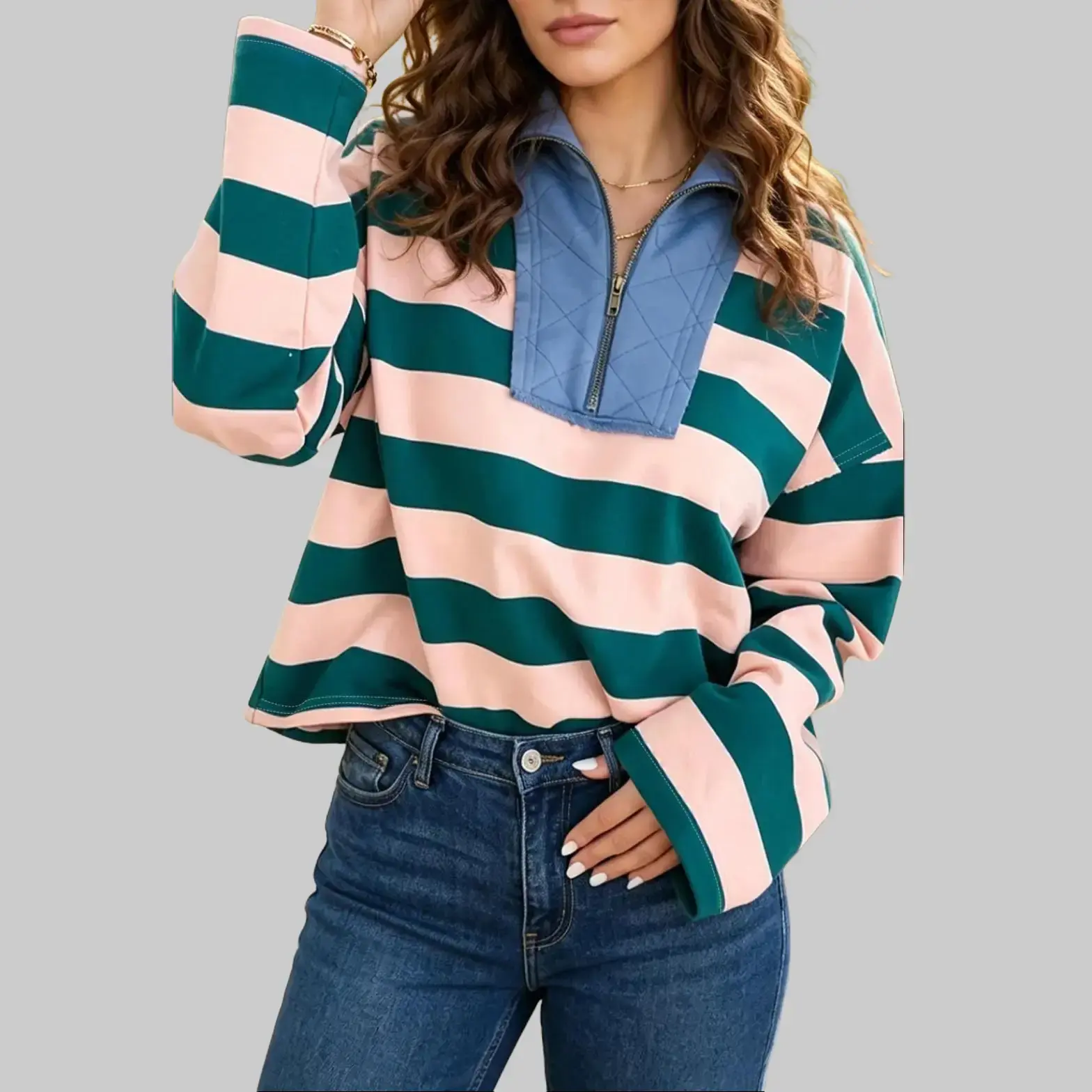 Women Horizontal‑Striped Quarter Zip Sweatshirt, Metal Zipper Collar Long‑Sleeve Top with Cover‑Stitch Hem, 95% Cotton 5% Elastane Loose Casual Pullover,Green Stripe Quarter-Zip Metal Zipper Cover Stitch Hem Top