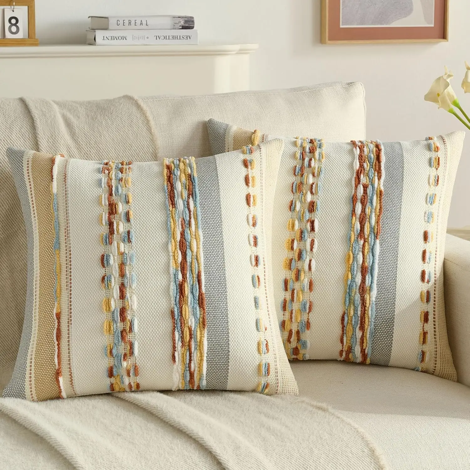 18x18 in Crochet Striped Decorative Throw Pillow Covers (Pack of 2) - Soft Tufted Native American Danish Boho Accent Cushion Cases for Couch Decor, Rust Blue Yellow Textured Design, Stripes, 18 X 18 (Pack Of 2)