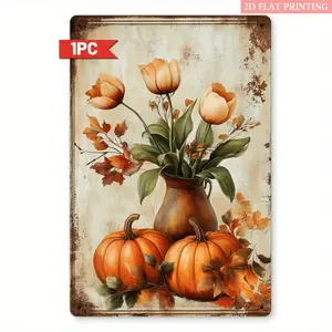 2D Flat Rustic Vintage Autumn Harvest Metal Wall Decor Sign 8x12 Inch Iron Farmhouse Decor Featuring Pumpkins Tulips and Fall Leaves No Electricity Needed Ideal for Porch Office and Thanksgiving Fall Home Decorations