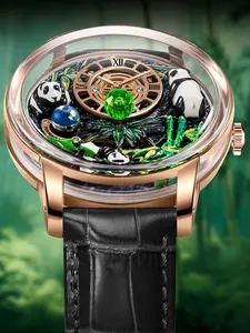 Pindu Panda Series Automatic Mechanical Men's Watch, 45.5mm Dial Diameter, 5atm Water Resistance, Stainless Steel Case, Leather Strap