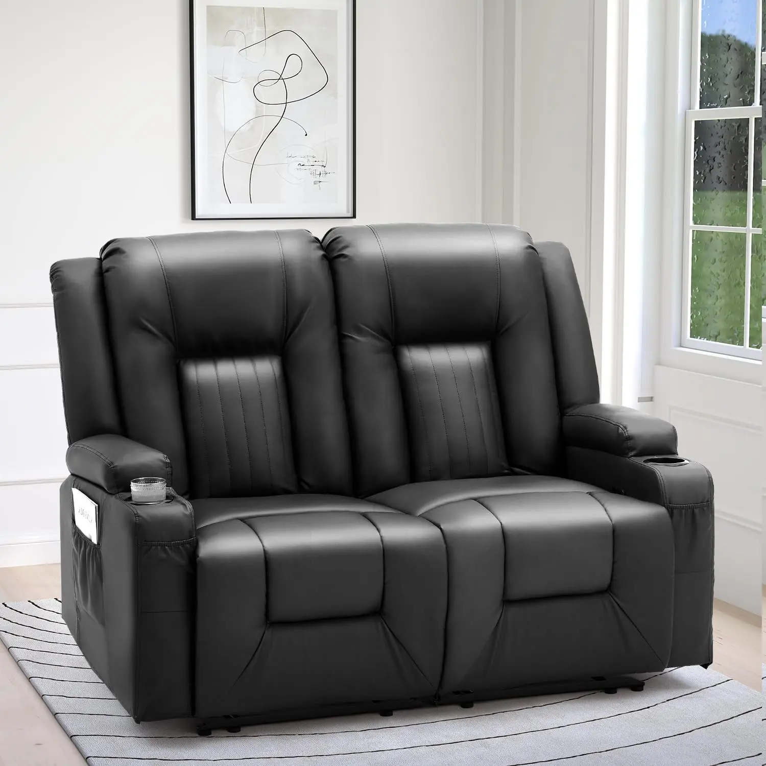 【2 packages arrived at different times】YODOLLA Reclining Loveseat with Cup Holders&Side Pockets, Modern Manual RV Couch Sofa Faux Leather Double Recliner Home Theater Seating
