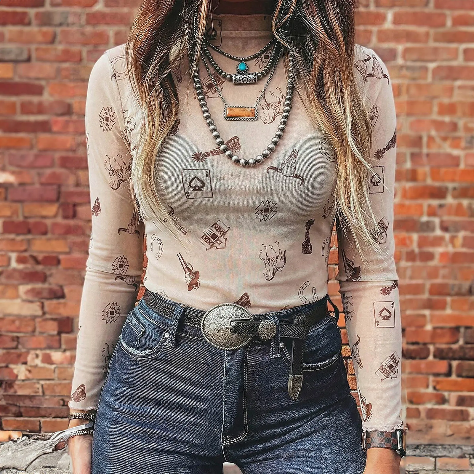 MULLVEIG Women's Western Cowgirl Mesh Long-Sleeve Mock Neck Slim-Fitted Sheer Blouse, Casual Country Concert Outfit