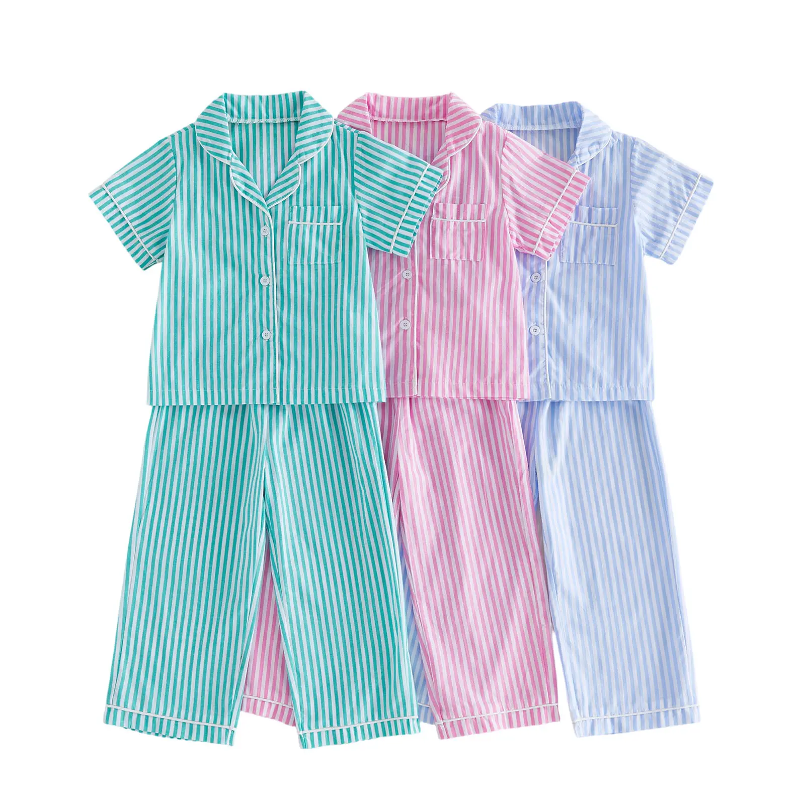 Toddler Baby Little Boys Girl Pajamas Set Striped Short Sleeve Turn Down Collar Button Down Tops with Pants Set 2-7 Years