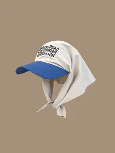 1pc Quick-Dry Patchwork Cap With Letter Embroidery & Brimmed Design Outdoor Anti-UV Neck Protection Sun Cap Suitable For Climbing, Cycling, Beaches