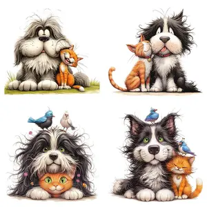 Cartoon Dog & Cat Pattern Anime Design Heat Transfer Sticker, 4 Counts/set DIY Heat Transfer Sticker, Suitable for T-shirts & Backpacks