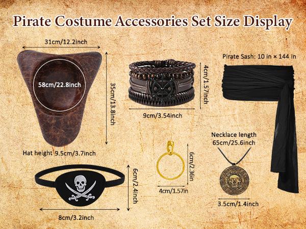 6 Pcs Unisex Pirate Costume Accessories Set, Men Women for Halloween Costumes Distressed Leather Tricorn Hat, Skull Eye Patch, Black Sash Belt, Earring, Skull Pendant Necklace & 4 braided Bracelets for Pirate Cosplay Party