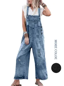 Aswulk Women Loose Adjustable Strap Denim Bib Overall Jeans Distressed Wide Leg Baggy Overalls Jumpsuit