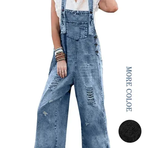 Aswulk Women Loose Adjustable Strap Denim Bib Overall Jeans Distressed Wide Leg Baggy Overalls Jumpsuit