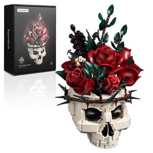 Supreowls Gothic Skull Rose Building Set, Botanical Collection Kit for Adult Women, Gift for Mother’s Day for Her/Girlfriend/Mom/Wife/Couple, Goth Horror Skeleton Pot Home Table Decor Aesthetic