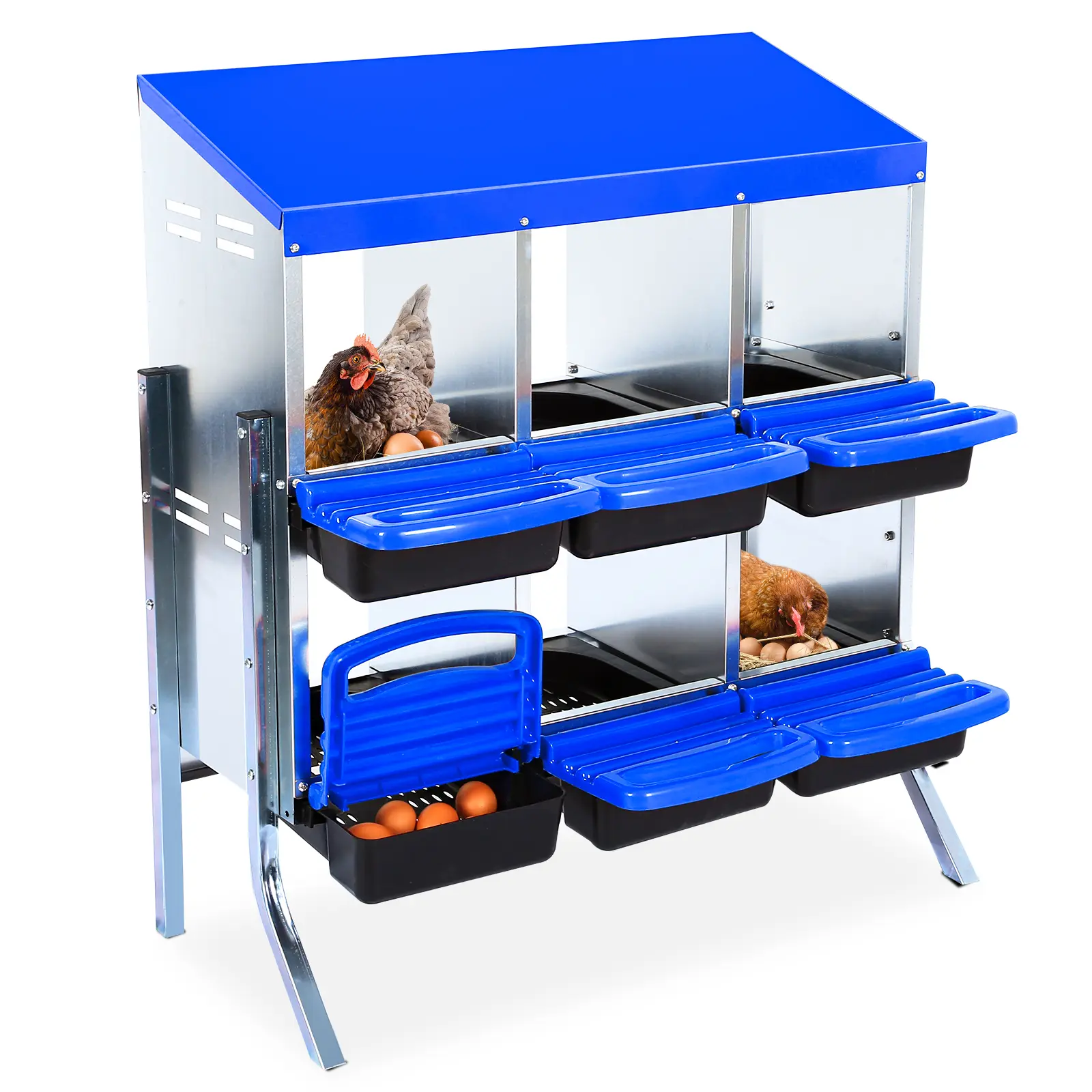 Roll up metal chicken box -10 compartments, galvanized, easy to retrieve eggs with lid, pull-out hen and poultry box, blue or orange