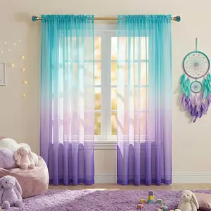 Lilac and Turquoise Curtains for Girls Room Decor, 1 Panel Set Rod Pocket Window Voile Sheer  Teal Ombre Curtains for    Bedroom 84 Inch Length