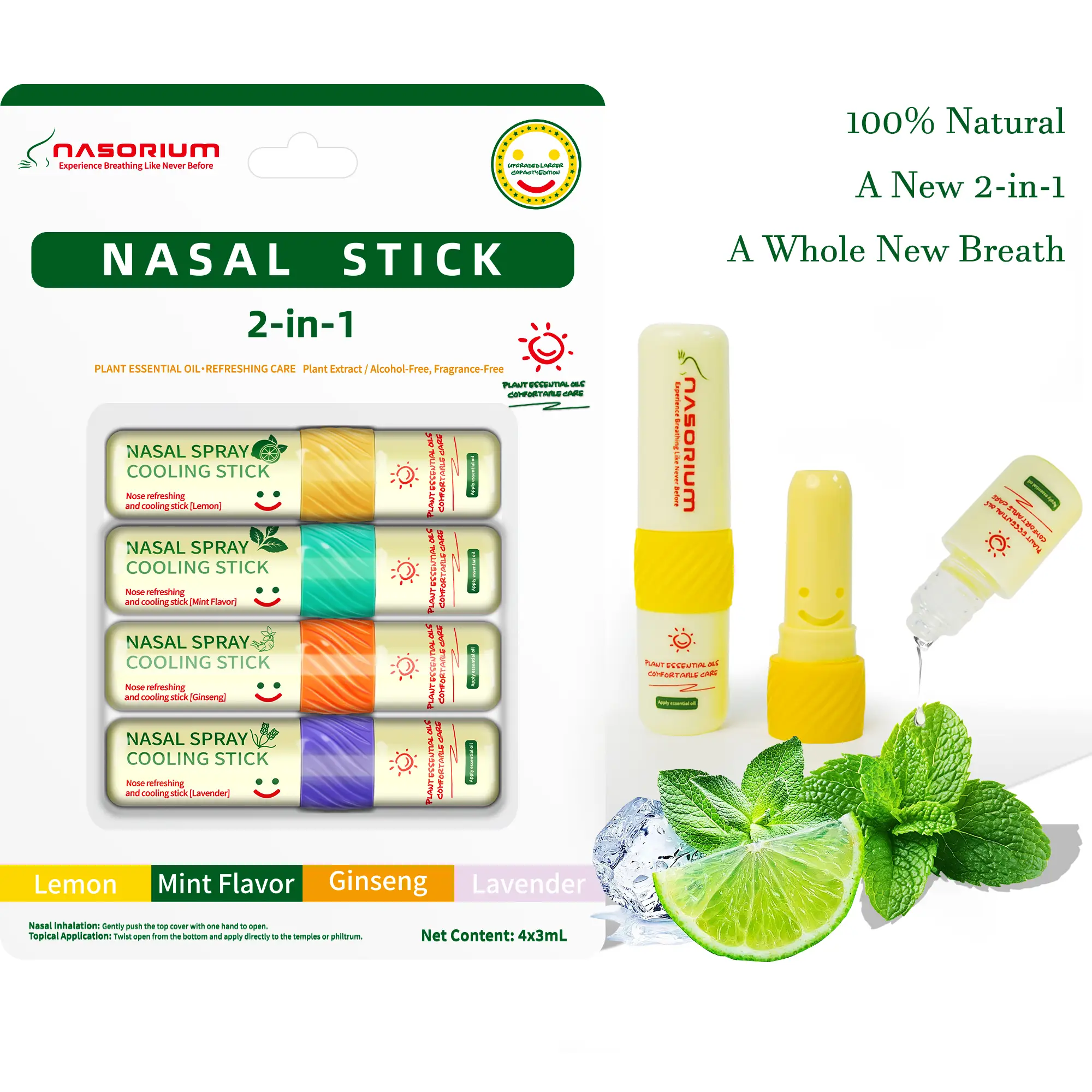 Nasorium Nasal Stick, Vapor Flow Technology, Portable, Non-Medicated, Enhance Focus & Breathe Better, Fresh Cooling Sensation, Daily Stress Relief，2-i