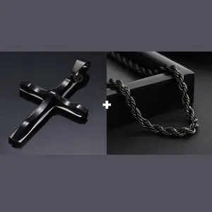 Hermah Curved Cross Pendant Necklace For Mens Womens Stainless Steel 5mm Wide Chain Black Stainless Steel Rope Chain Necklace 20/22 inch