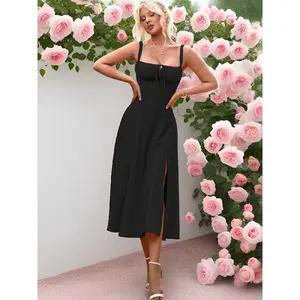 Women's Plain Ruched Boning Corset Milkmaid Dress, Lace Up Dress, Party Dress, Split Thigh Dress, Tie Front Dress, Elegant Square Neck Midi Dress, Dresses for Women, Frenchy Style Dress