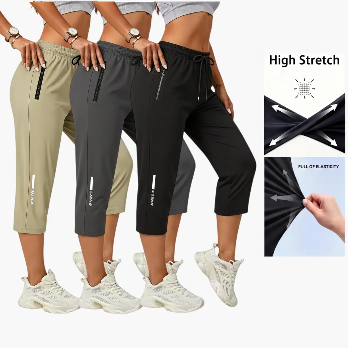 Women’s 3-pack high-stretch ice silk mid-length athletic shorts with elastic drawstring waist and zippered pockets; women’s sports shorts; multi-pack solid-color mid-length jogging shorts; high-stretch, fully stretchy fabric; moisture-wicking, quick-dry f