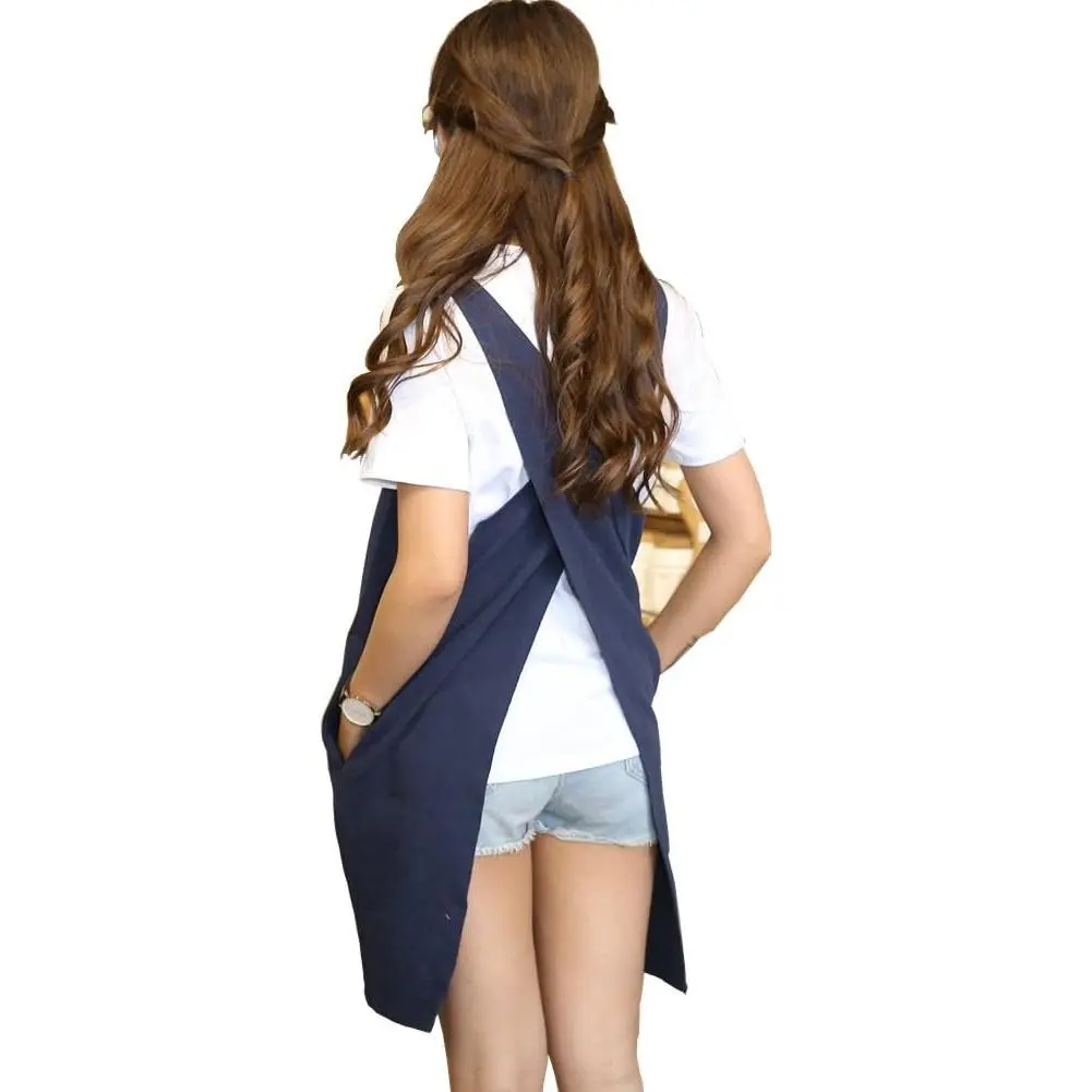 Cotton Linen Japanese Apron Halter Cross Back Bandage X Shape Aprons Two Pockets