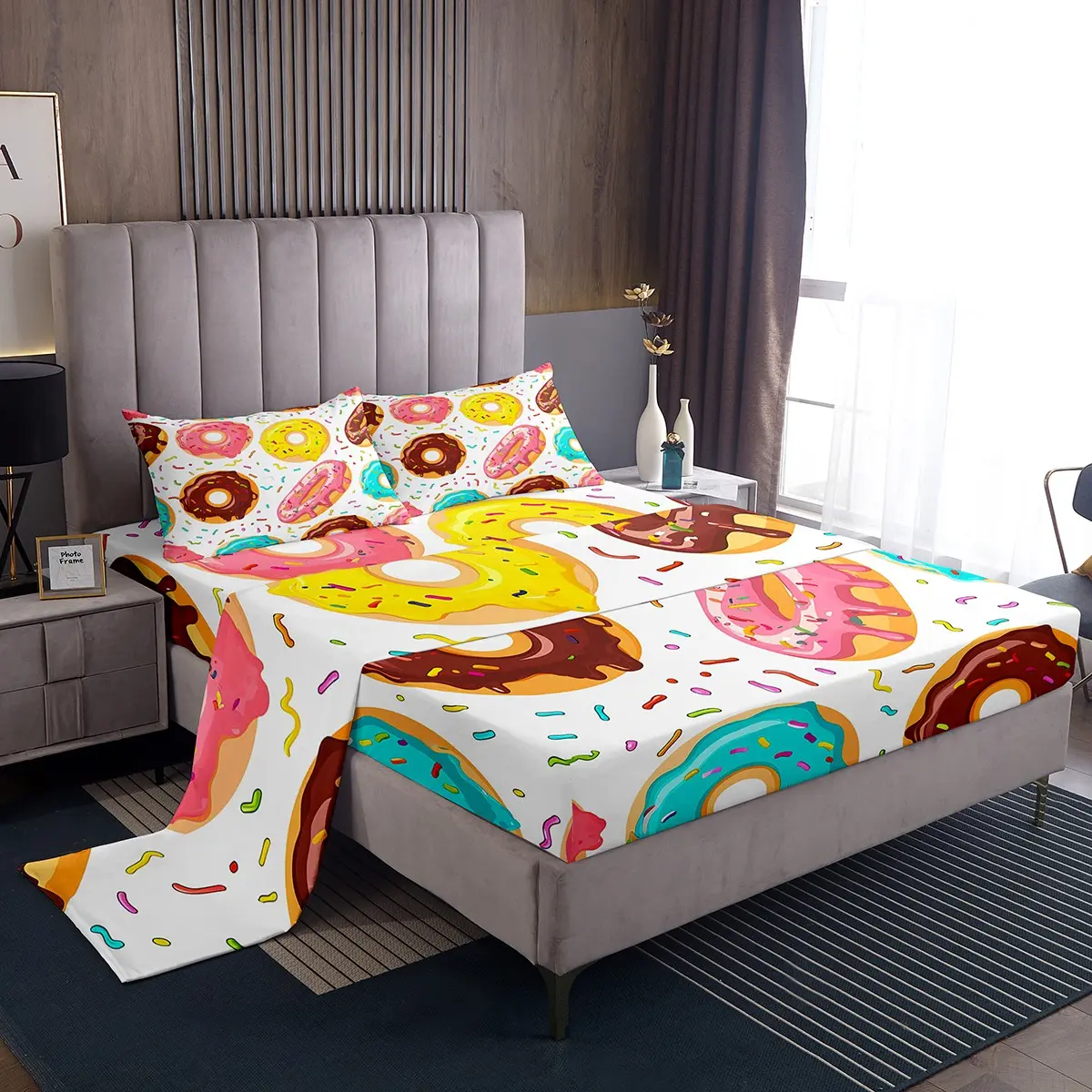 Feelyou Microfiber Printed Bedding Set - Whimsical Chocolate Donuts Decorative Sheets, Durable, Deep Pockets, Soft Comfy, Breathable Fitted Sheet, Multi-Size Options for Teens