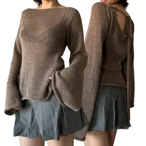 Women's Tie Back Sweaters Long Sleeve Boat Neck Solid Color Knit Pullover Casual Tops