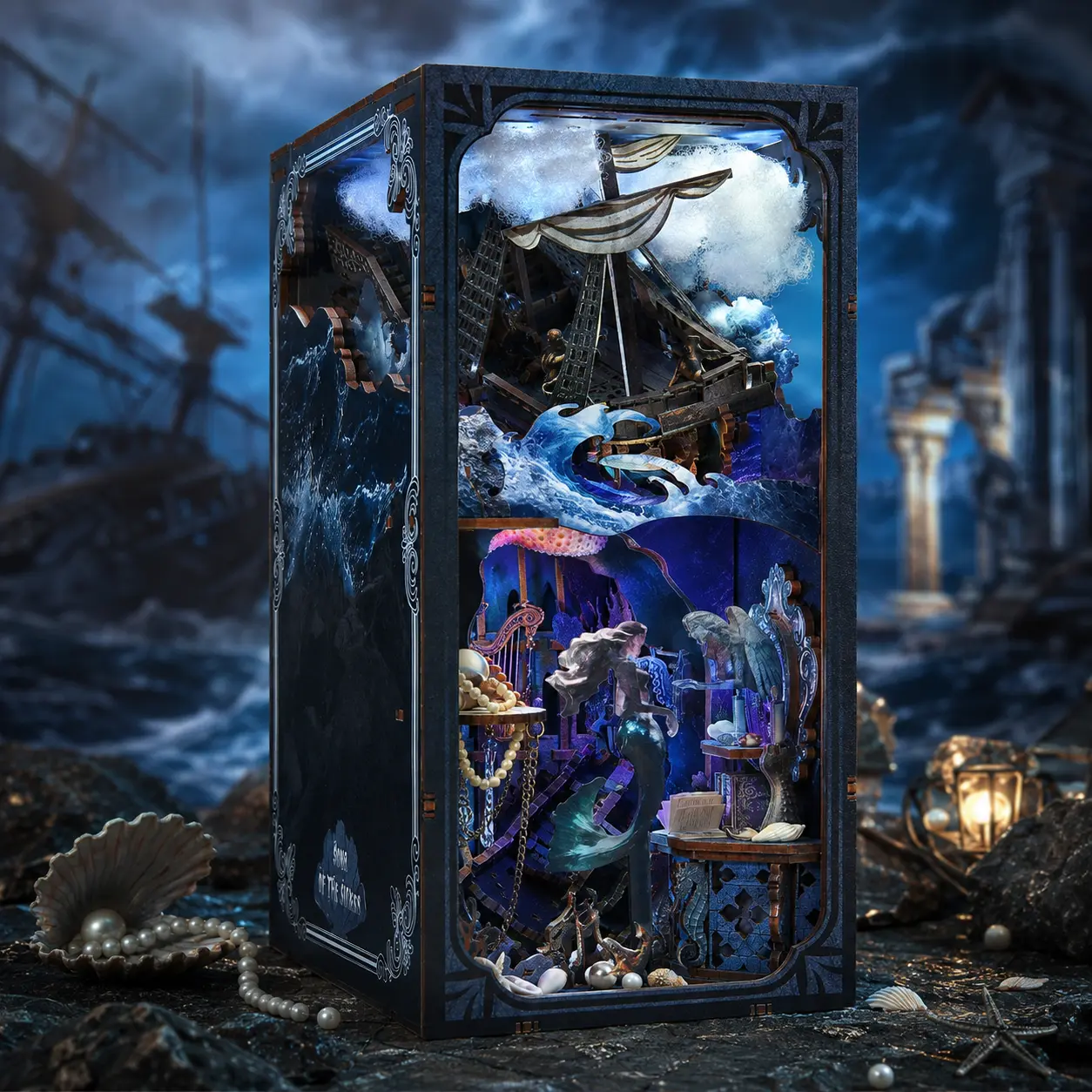 MiniCity The Song of Sirens Book Nook Kit, DIY Miniature Dollhouse Bookshelf Insert, 3D Wooden Puzzle with LED Light, Ocean Fantasy Room Decor Gift for Adults and Teens