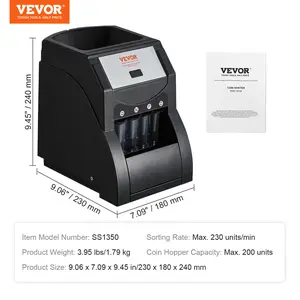 VEVOR USD Coin Sorter, Coin Sorter Machine for USD Coin 1 5 10 25, Sorts up to 230 Coins/min, Coin Sorter and Wrapper Machine Holds 200 Coins Included 4 Coin Tubes, Black