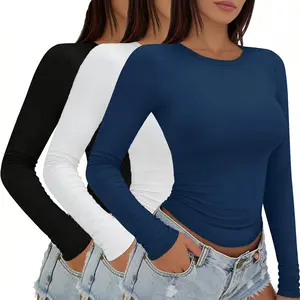 【Limited time deal】Women's 3-Piece Long Sleeve Crop Top Set | Basic Slim Fit Crew Neck Shirts for Layering, Y2K Fall Fashion, Underscrubs & Casual Streetwear | Soft Fabric