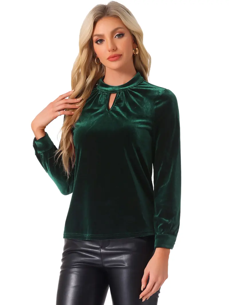 INSPIRE CHIC Velvet Top Stand Collar Long Sleeve Elegant Vintage Blouse Dark Green
