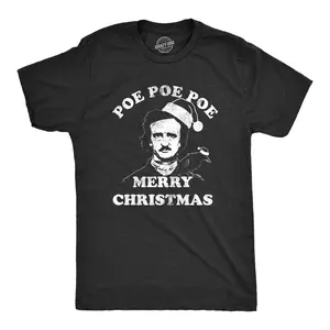 Mens Poe Poe Poe Merry Christmas T Shirt Funny Edgar Allan Poe Book Lover Tee Mens Funny T Shirts Cool Vintage Fashion T-Shirt Gift Classic Menswear Christmas Apparel for Men Novelty Tees for Guys Black