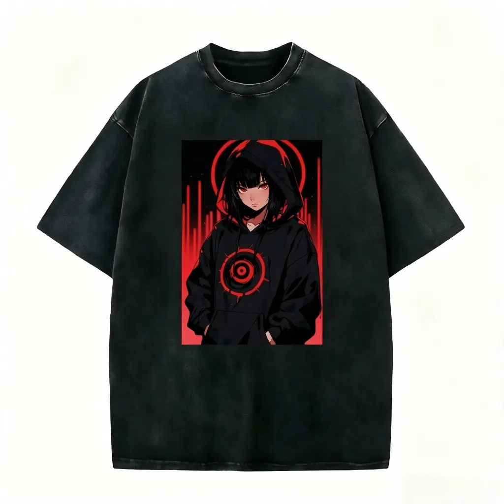 Edgy Dark Hoodie Girl cyberpunk tee. Black-hooded girl with red halo & target symbol on washed black cotton. Perfect for gothcore & techwear fans. Unique washed fabric—shop before it’s gone! #darkhoodie #cyberpunksty