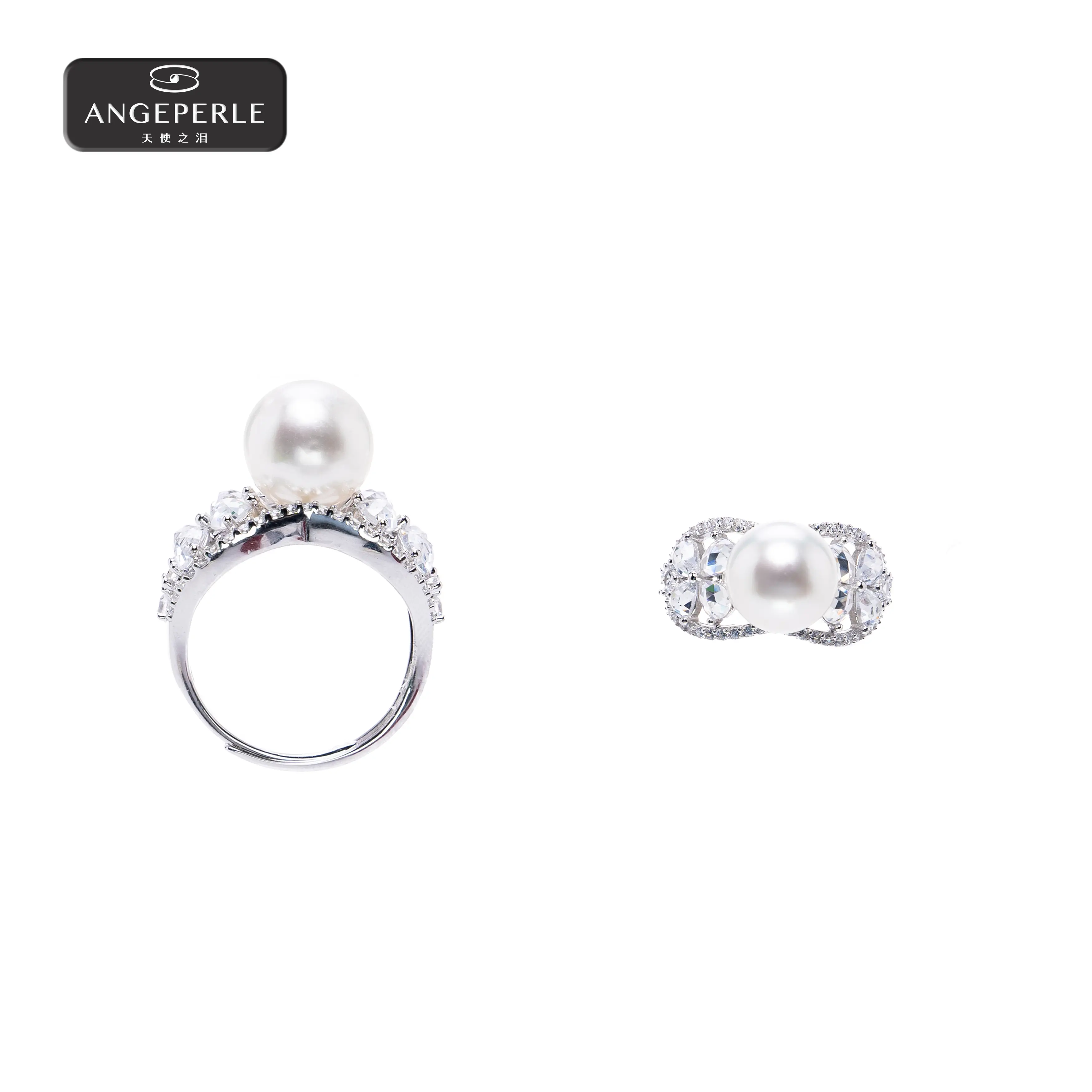 ANGEPERLE S925 Sterling Silver Ring with Australian White Saltwater Pearl 9-10mm TSGY326