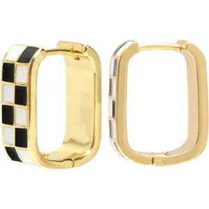 Dainty Checkered Hoop Earrings, 18K Gold Filled Enamel, Chunky Oval Hoops, Hypoallergenic Earrings