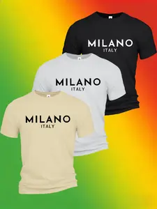 Men’s 3-Pack Cotton Short-Sleeve T-Shirts, Loose Fit for All Seasons, Milan Letter Print, Trendy Casual Sportswear for Going Out, Summer Outfit, Ideal Gift for Men, Suitable for Streetwear, Commuting, Outdoor Activities, and Holidays
