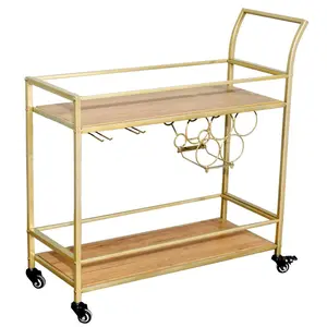 Glamorous Gold Metal Wine Rack Cart w/ Wheels – 2 Wooden Shelves, 6 Glass Racks, 5 Bottle Compartments – Multipurpose Serving Cart for Kitchen, Bar, Dining – Stylish, Spacious Coffee Modern Design, Premium Quality Set Utensils Rustic Faux