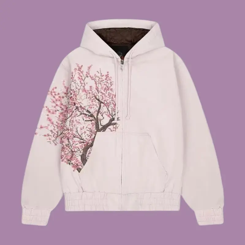 ボーダーズアットバルコニー ZIP UP HOODIE 36 さくらいろ American New Trend Retro Cherry Blossom Embroidery Oversize Zipper