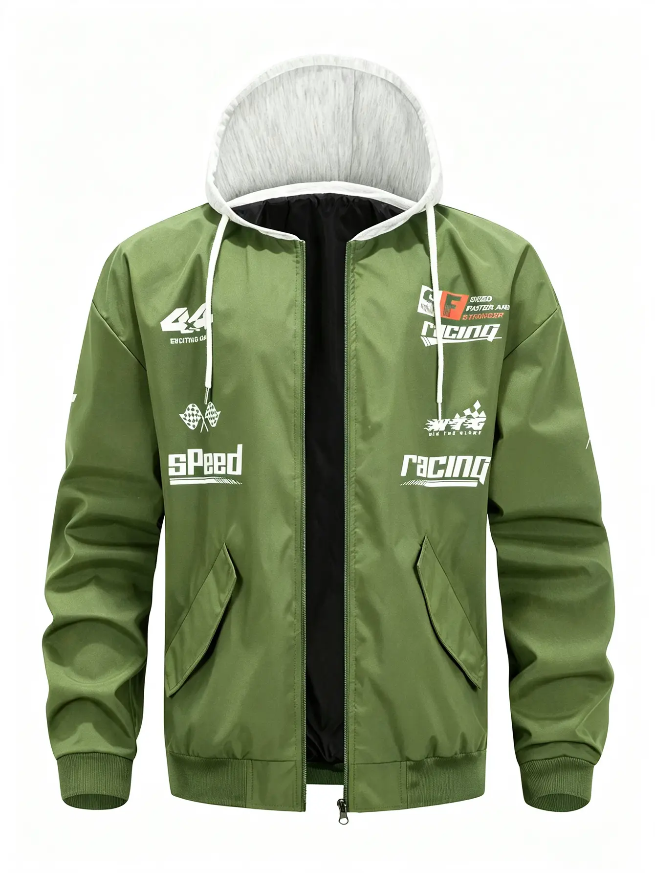 Vintage racing letter pattern faux hoodie design bomber windbreaker, lightweight polyester fiber, everyday street motorcycle outerwear