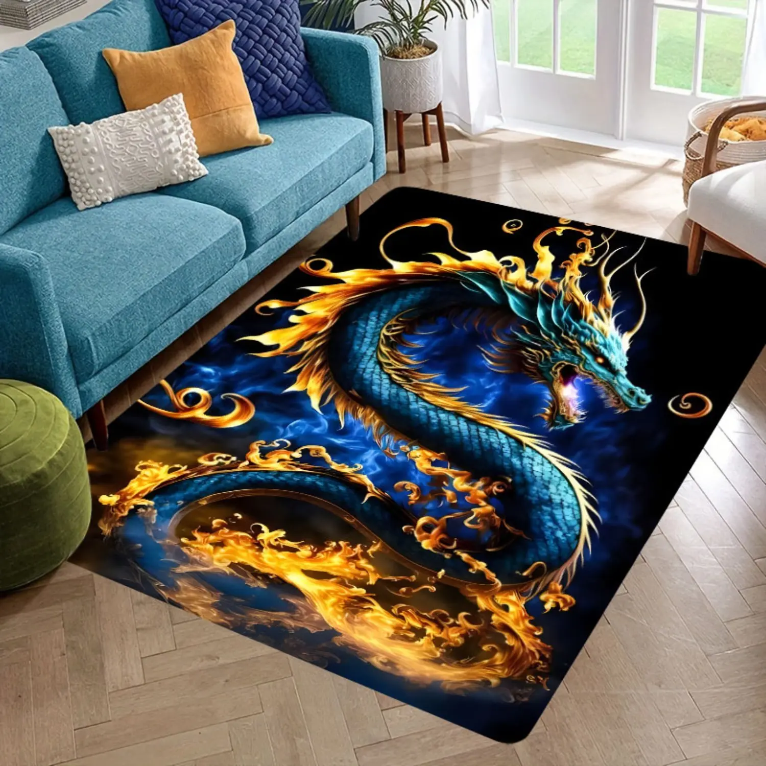 Fire & Ice Eastern Dragon 3D-Textured Anti-Dust Large Area Rug - Soft Diatomite Material, 100% Rubber Backing, Quick-Dry, for Mystical Gaming-Themed Home Decor, Gaming-Themed Area Rugs, 3D-Textured Area Rugs