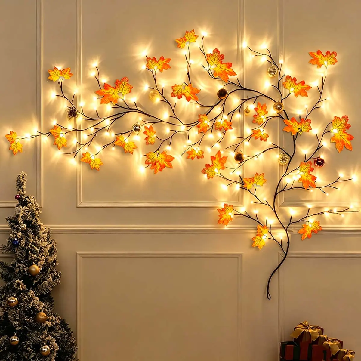 1.8m Waterproof Luminous Fall Maple Leaf Garland with 96 Ultra-Bright Electronic Lights - Remote-Control, 8-Mode USB-Powered Autumn Vine, All-Weather Lighted Party Garland, Festival Decorations, Glow Party Accessories for Fireplace Mantel Gift