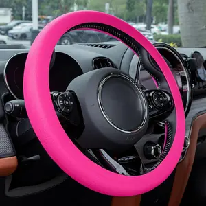 Hot Pink Car Steering Wheel Cover for Women, Cute Soft Silicone Leather Texture Steering Wheel Protector, Fits 13"-17" Diameter
